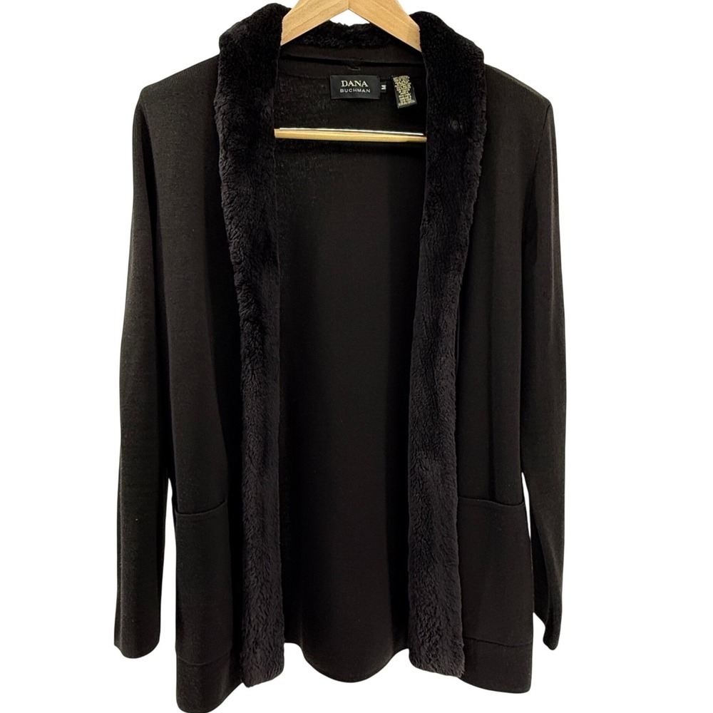 Dana Buchman Womens Black Merino Wool Blend Cardigan Beaver Fur Trim Size M